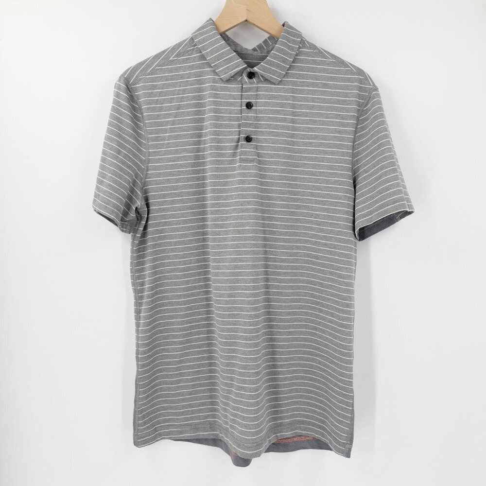Lululemon Gray White Striped Performance Polo Shirt Size M Golf Work Casual